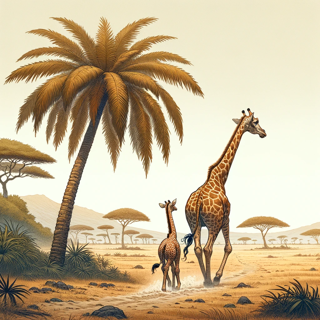 mother giraffe and calf walking through desert