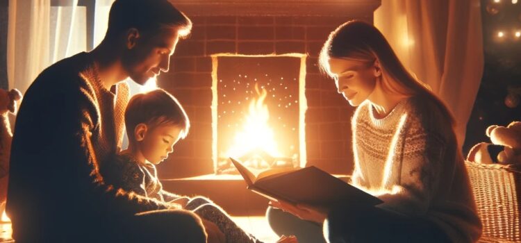 Bedtime stories-Mother father and son reading in front of fire place